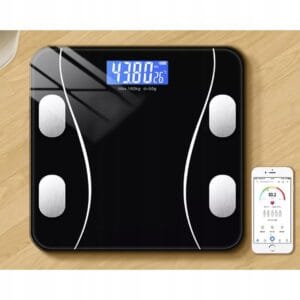 Smart LCD kupaonska vaga bluetooth s aplikacijom 17 crna vaga s bijelim tekstom i bijeli telefon