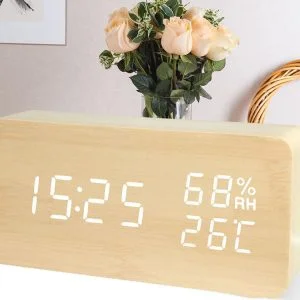 Modern elektronisk väckarklocka i trä, brun