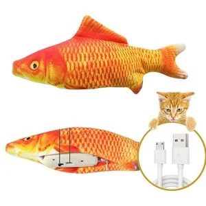 Un jouet interactif en forme de poisson pour chats.