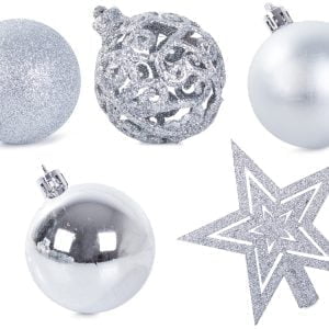 Komplet srebrnih božičnih kroglic 100 kosov + zvezda 36 Komplet srebrnih božičnih kroglic 100 kosov + zvezda