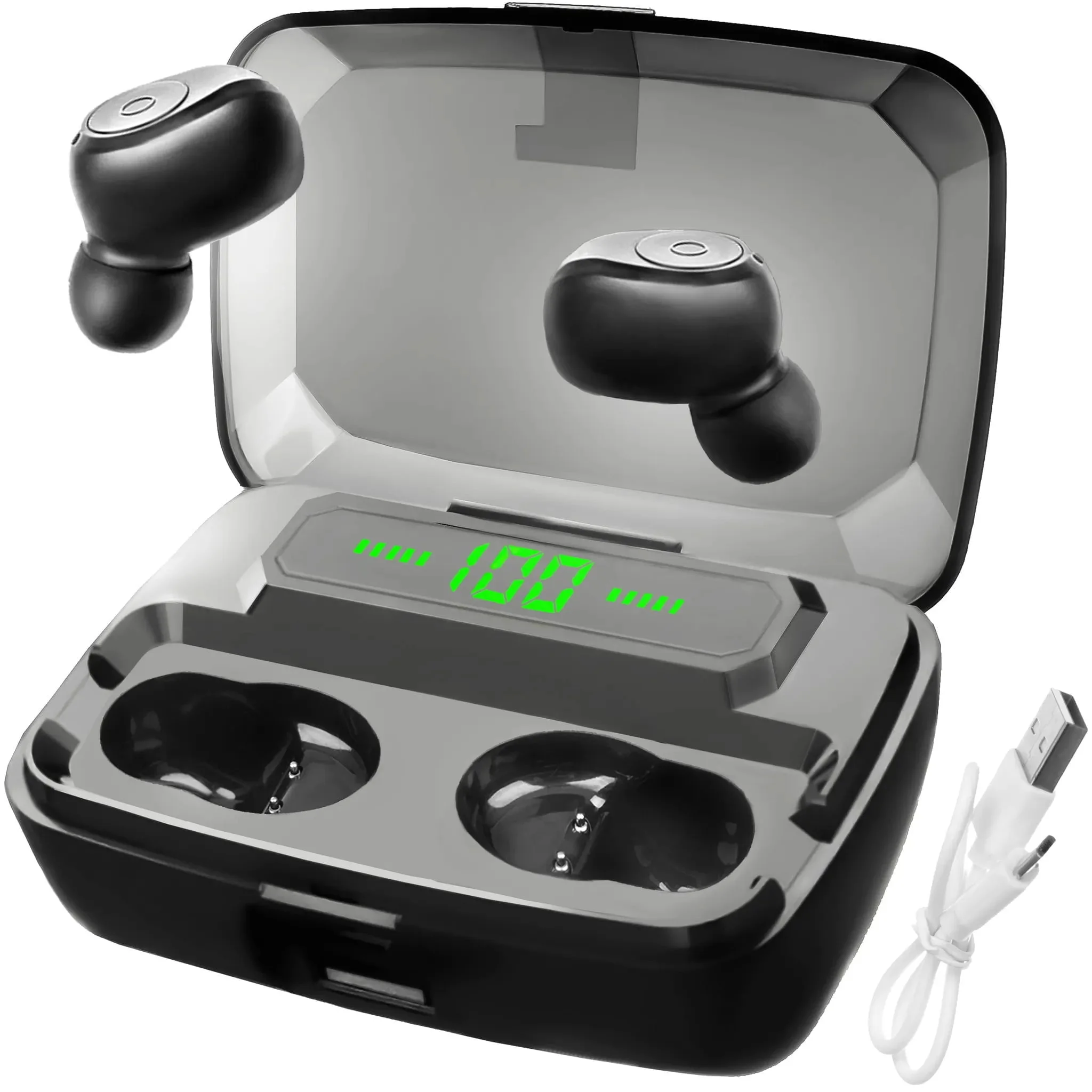 [ "Black 2in1 Bluetooth headphones and 2200mAh power bank for listening to music." ]