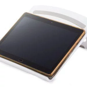 Dizüstü bilgisayar veya tablet için beyaz ayarlanabilir stand.
