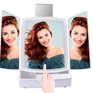 USB touch LED zložljivo osvetljeno kozmetično ogledalo in organizator s 5x povečavo