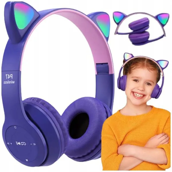 Vijolične LED brezžične bluetooth slušalke z mačjimi ušesi + mikrofon