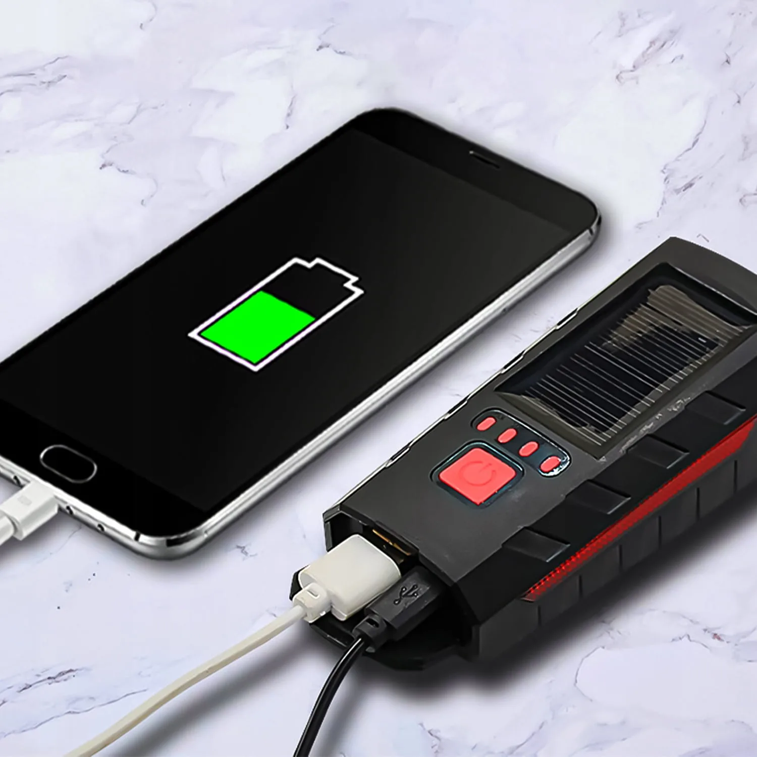 Set solarne aku. LED kolesarske svetilke in sirena 1200lm USB + zadnja luč - Image 2