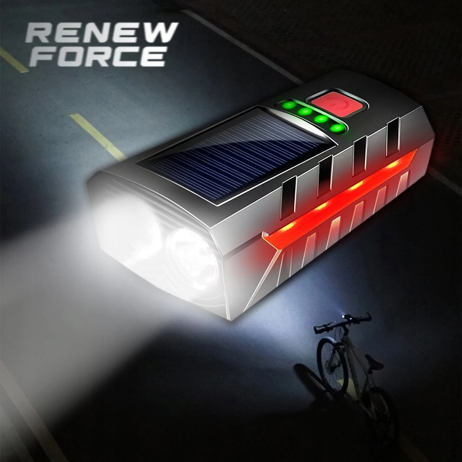 Set solarne aku. LED kolesarske svetilke in sirena 1200lm USB + zadnja luč - Image 8