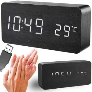 4u1 drvena moderna elektronička budilica i termometar 15cm crna