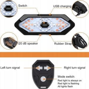 Kolesarska aku. LED zadnja svetilka s funkcijo indikatorja smeri USB + hupa