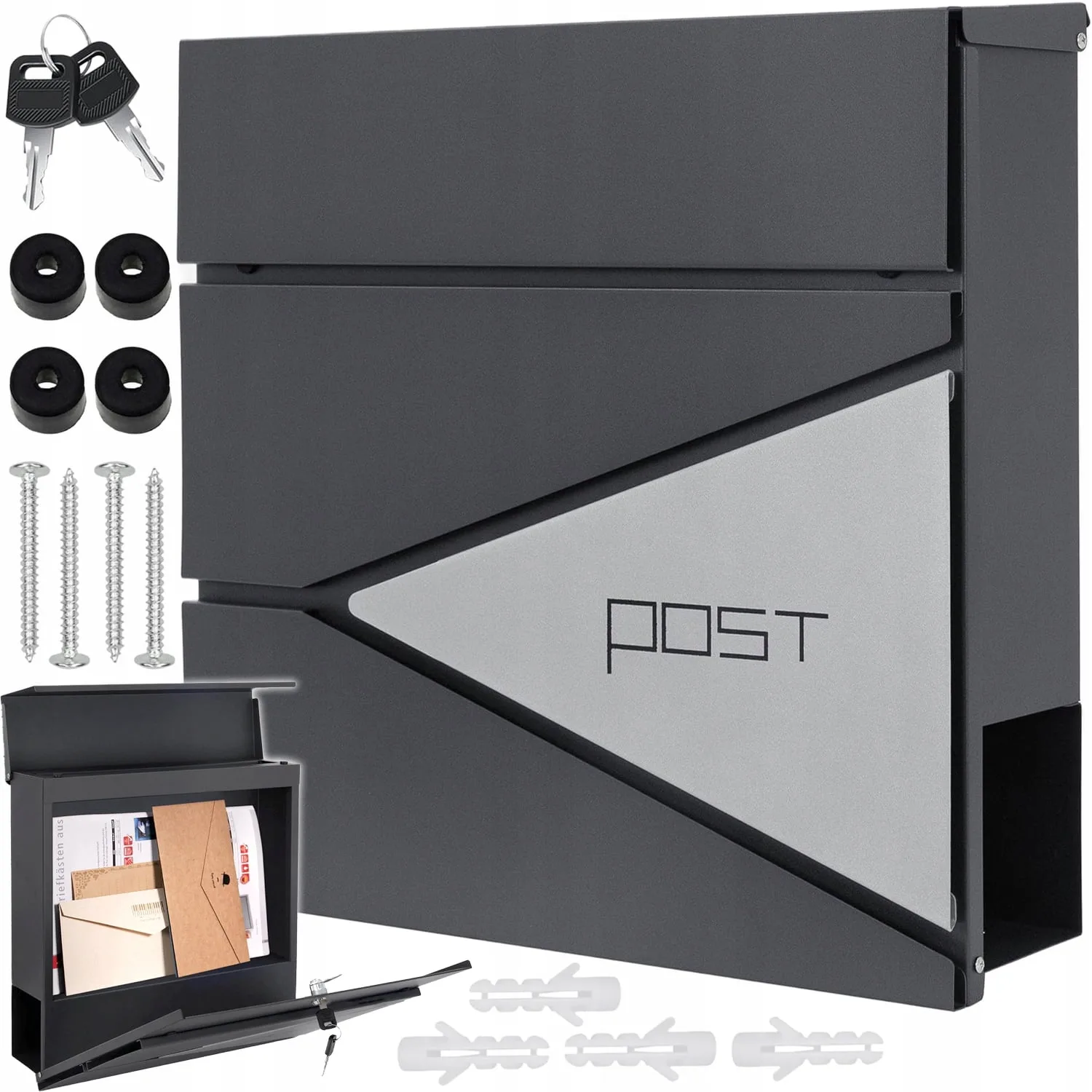 [ "Modern mailbox anthracite stainless steel X1 with space for newspapers" ]