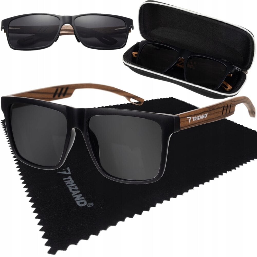 a group of sunglasses with a case and cloth