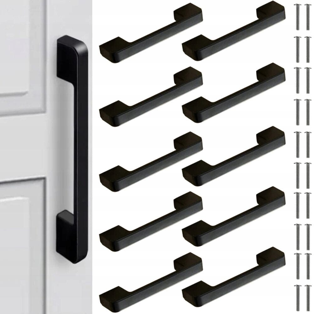 a group of black handles on a white door