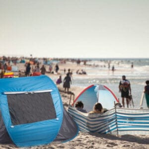 a group of people on a beach