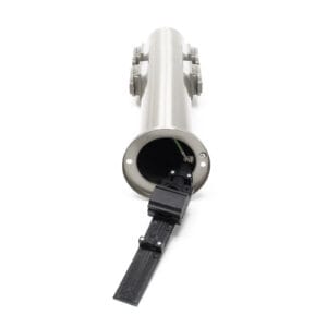 a silver pipe with black wires