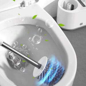 a toilet with a brush in it