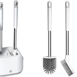 a white toilet brush and a white toilet brush