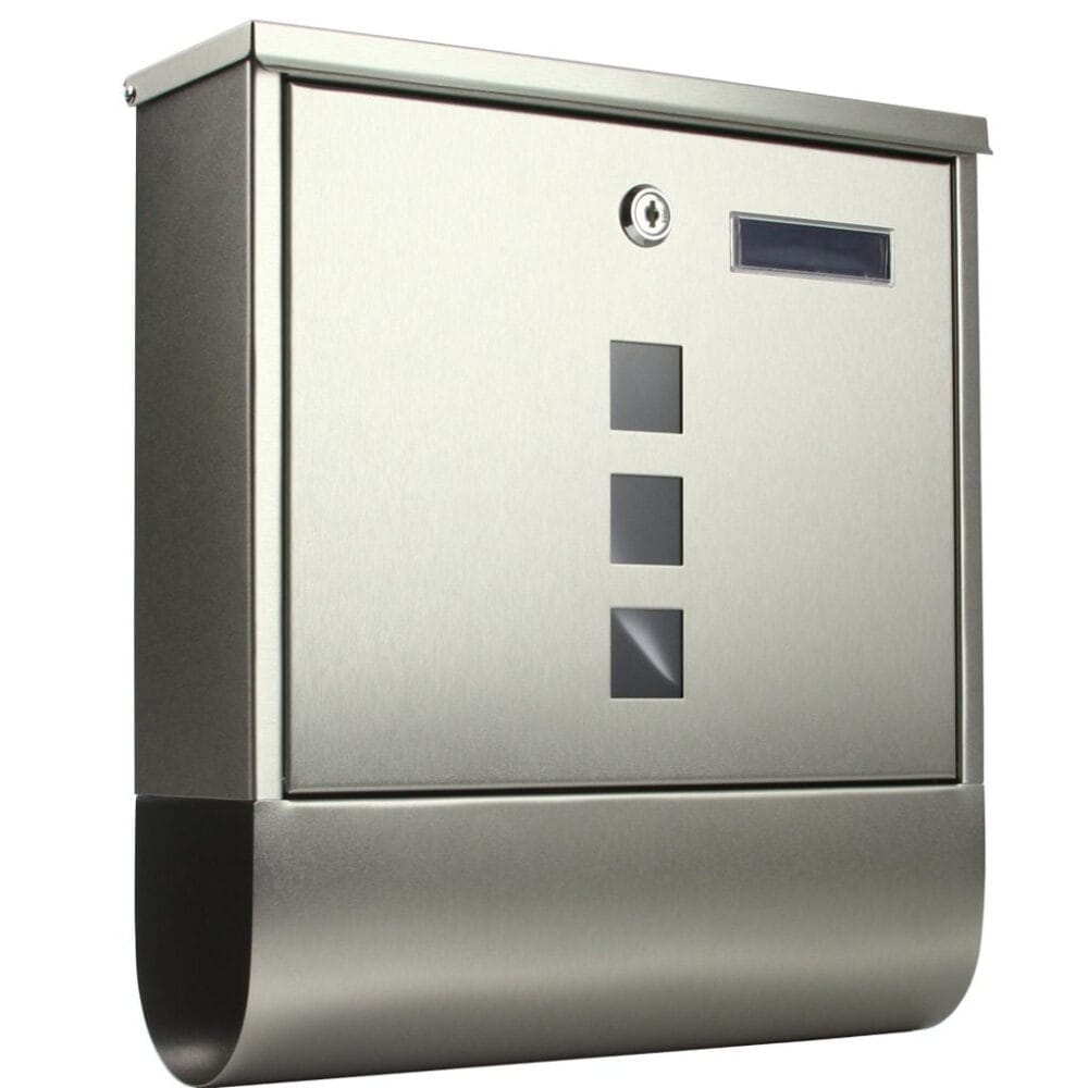 a silver metal mailbox with a keyhole