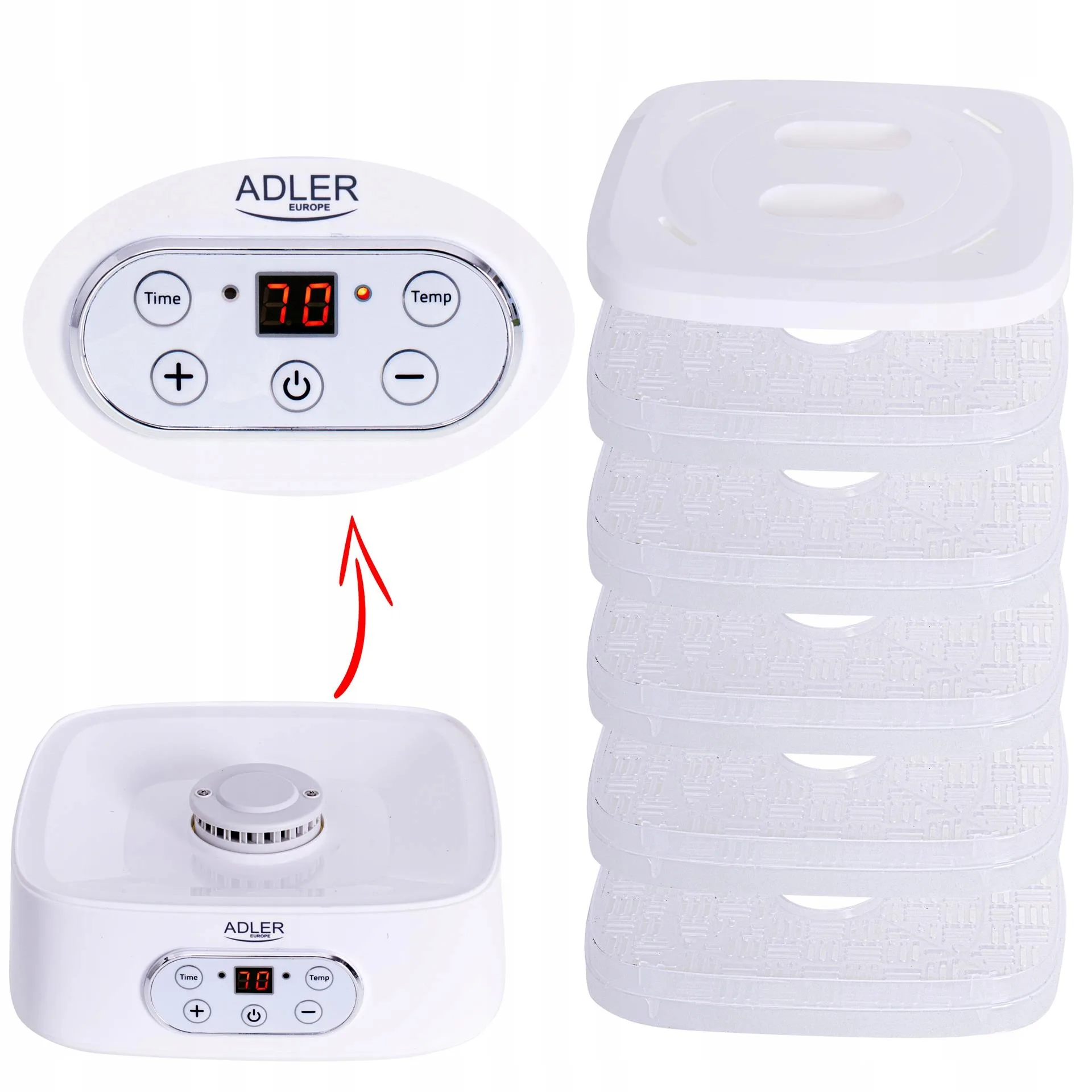 a stack of white containers with buttons and a round button