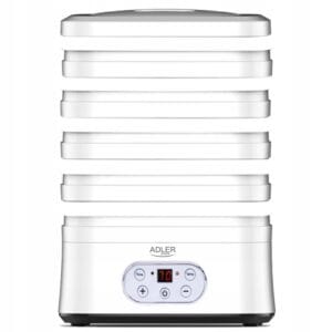 a white food dehydrator with buttons and a dial