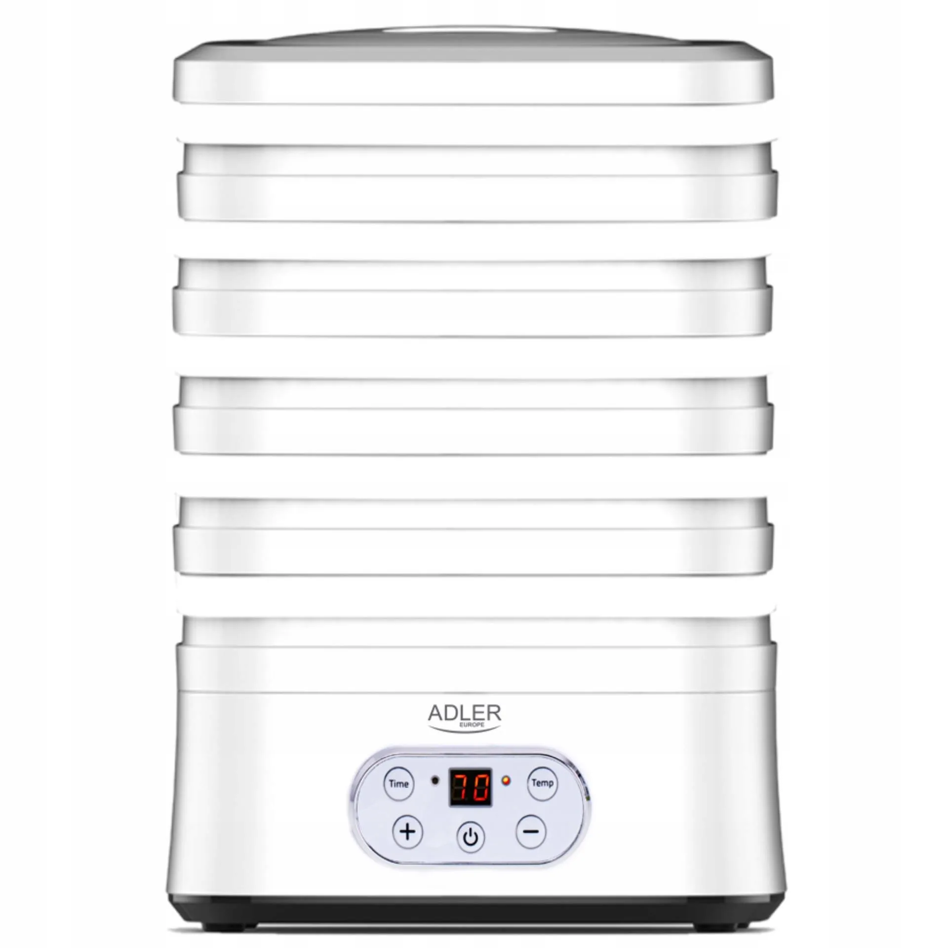 a white food dehydrator with buttons and a dial
