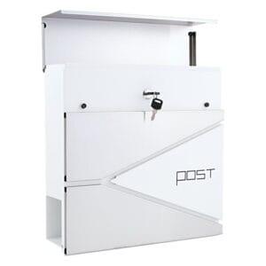 a white mailbox with a key