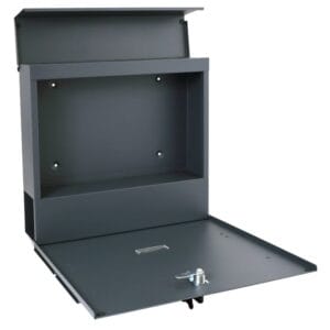 a grey metal box with a lid