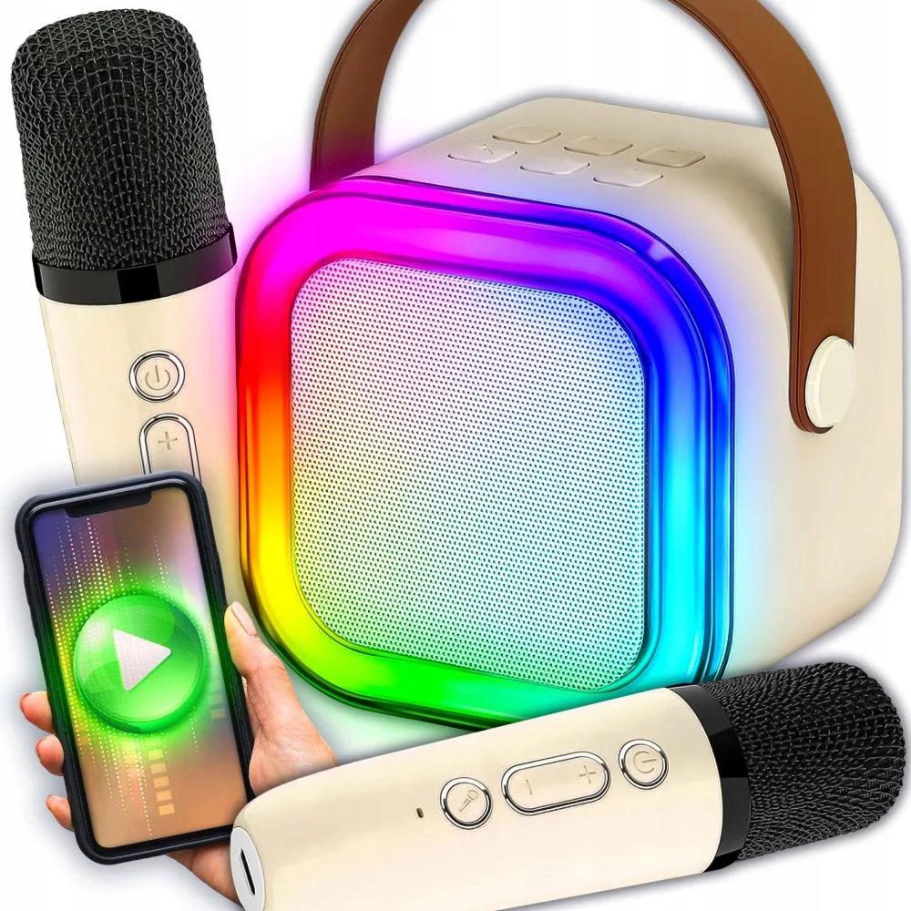 Aku. 1200mAh karaoke zvočnik Bluetooth 5.3 2x mikrofon LED RGB