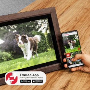 Touch digitalni foto okvir FRAMEO Wi-Fi zvočnik 15,6'' les + APP 22 FRAMEO 15,6-palčni leseni digitalni foto okvir na dotik z Wi-Fi zvočnikom