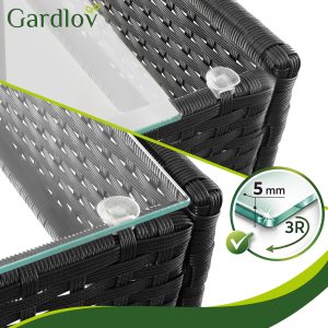 4 delna vrtna sedežna garnitura ratan z blazinami črna + steklena miza