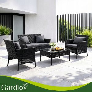 4 delna vrtna sedežna garnitura ratan z blazinami črna + steklena miza