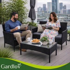 4 delna vrtna sedežna garnitura ratan z blazinami črna + steklena miza