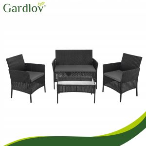 4 delna vrtna sedežna garnitura ratan z blazinami črna + steklena miza