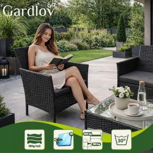 4 delna vrtna sedežna garnitura ratan z blazinami črna + steklena miza