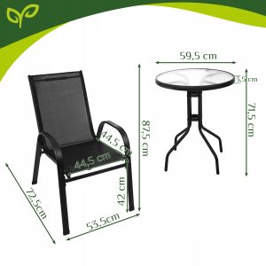 Kovinska balkonska črna garnitura steklena miza in 2 vrtna stola
