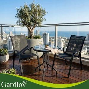 Kovinska balkonska črna garnitura steklena miza in 2 vrtna stola
