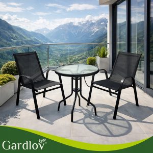 Kovinska balkonska črna garnitura steklena miza in 2 vrtna stola