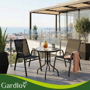 Kovinska balkonska črna garnitura steklena miza in 2 vrtna stola