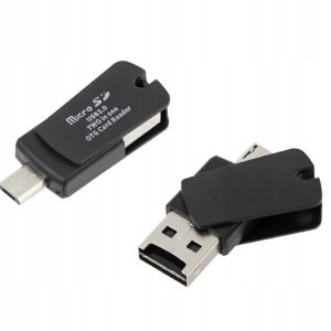 Črn USB in tip-C čitalec pomnilniških kartic MicroSD na beli podlagi