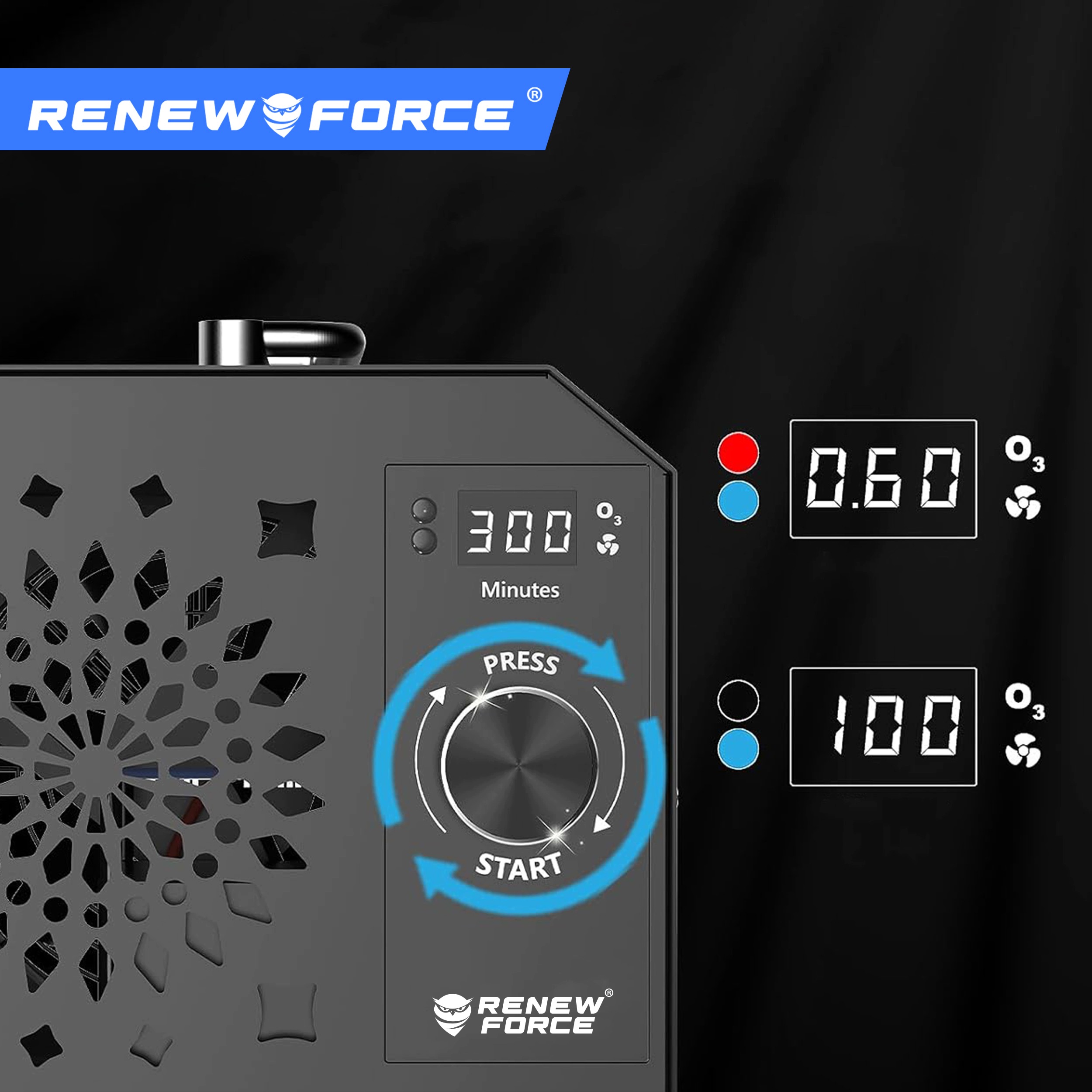 100W generator ozona 90g/h odstranjevalec neprijetnih vonjav ozonator LCD 5 Sivi industrijski generator ozona z LCD zaslonom in modrim ročajem