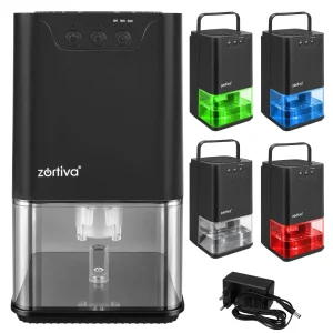 LED RGB 36W dehumidifier and moisture absorber 1400ml Serivo black 29 Black compact dehumidifier with illuminated water tank on the table