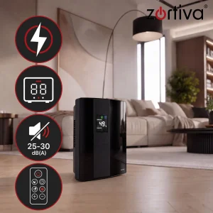 2v1 90W LCD razvlaževalec in čistilec zraka absorber vlage 2L črn 32 Črn razvlaževalec in čistilec zraka z LCD zaslonom na beli podlagi