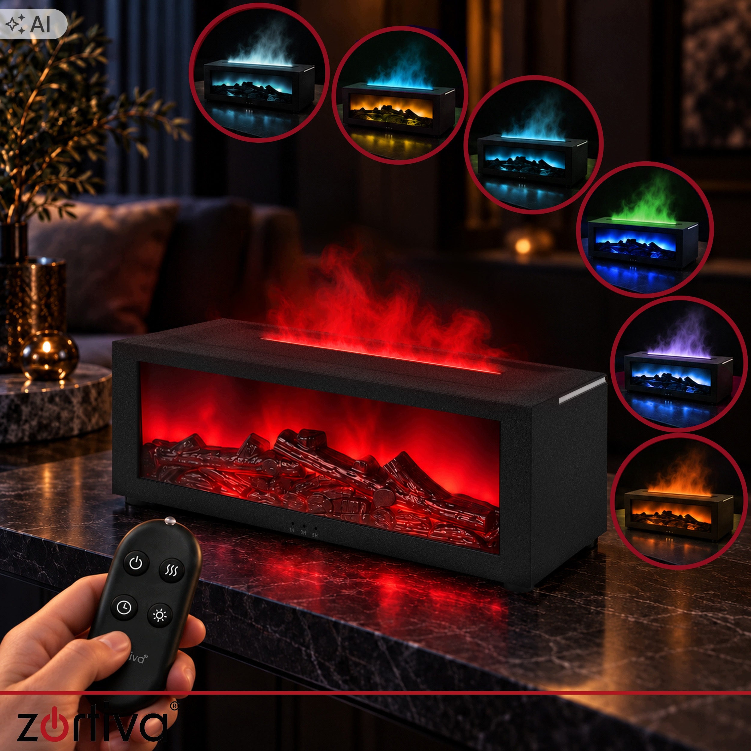 Difuzor dekorativni RGB LED kamin 150ml vlažilec zraka USB daljinec 2 RGB LED difuzor vlažilec zraka v obliki kamina